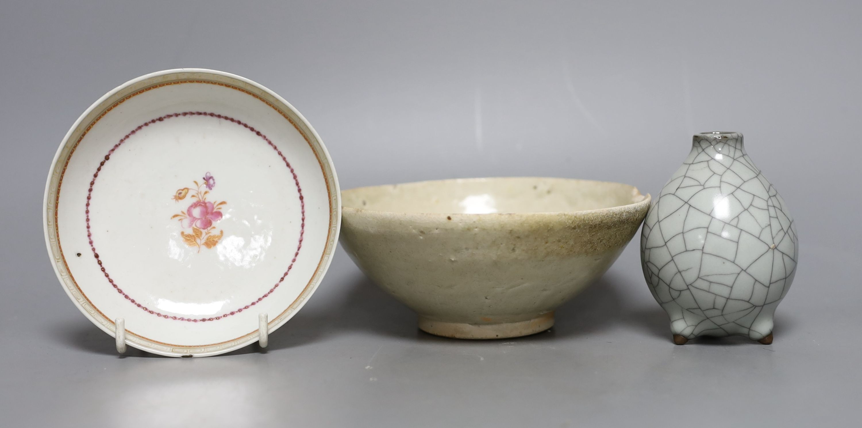 An 18th century Chinese export saucer dish, crackle glaze vase and a Qingbai bowl, diameter 15cm